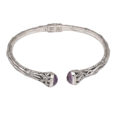 Amethyst cuff bracelet, 'Bedugul Bamboo' - Bali Sterling Silver Bamboo Cuff Bracelet with Amethysts