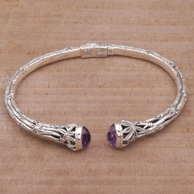 Amethyst cuff bracelet, 'Bedugul Bamboo' - Bali Sterling Silver Bamboo Cuff Bracelet with Amethysts