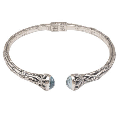 Blue topaz cuff bracelet, 'Bedugul Bamboo' - Bali Sterling Silver Bamboo Cuff Bracelet with Blue Topaz