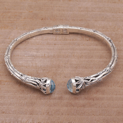Blue topaz cuff bracelet, 'Bedugul Bamboo' - Bali Sterling Silver Bamboo Cuff Bracelet with Blue Topaz