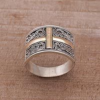 Gold accented sterling silver band ring, 'Holy Light' - Gold Accented Sterling Silver Cross Band Ring