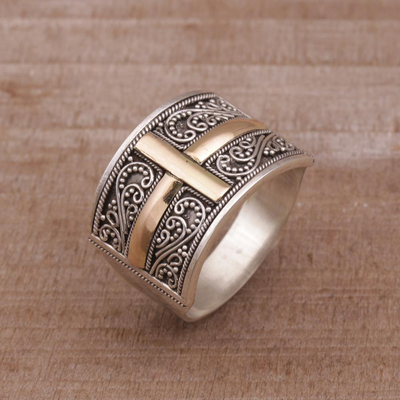 Gold accented sterling silver band ring, 'Holy Light' - Gold Accented Sterling Silver Cross Band Ring
