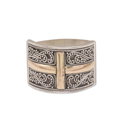 Gold Accented Sterling Silver Cross Band Ring - Holy Light | NOVICA