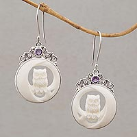 Featured review for Amethyst and bone dangle earrings, Owls on Watch