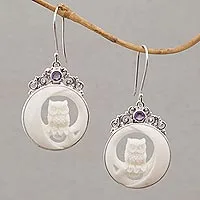 Amethyst and bone dangle earrings, Owls on Watch