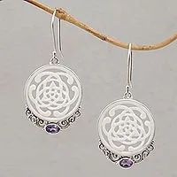 Amethyst and bone dangle earrings, 'Realm of Light' - Celtic Motif Bone Earrings with Amethyst and Silver