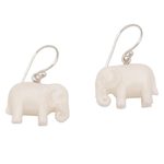 Bone dangle earrings, 'White Elephant' - Sleek Cow Bone Carved Elephant Earrings with Silver Hooks