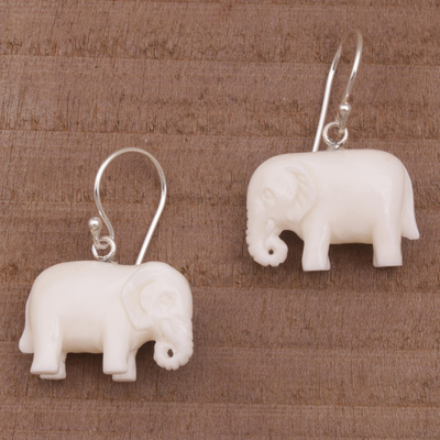 Bone dangle earrings, 'White Elephant' - Sleek Cow Bone Carved Elephant Earrings with Silver Hooks
