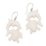 Bone dangle earrings, 'Friends Among the Waves' - Bone Dangle Earrings with Dolphin and Tortoise Theme