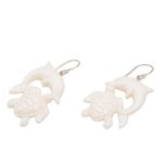 Bone dangle earrings, 'Friends Among the Waves' - Bone Dangle Earrings with Dolphin and Tortoise Theme