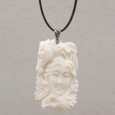 Bone pendant necklace, 'Wild Lady' - Handcrafted Adjustable Bone Pendant Necklace from Bali