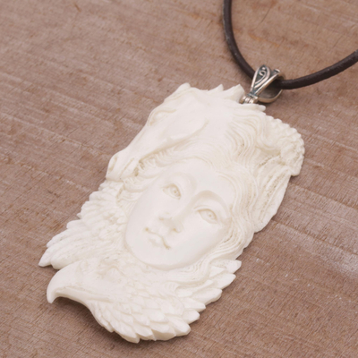 Bone pendant necklace, 'Wild Lady' - Handcrafted Adjustable Bone Pendant Necklace from Bali