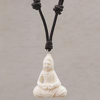 Handcrafted Bone Buddha Pendant Necklace from Bali,'Peaceful as Buddha'