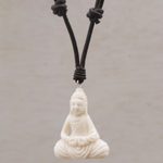 Bone pendant necklace, 'Peaceful as Buddha' - Handcrafted Bone Buddha Pendant Necklace from Bali