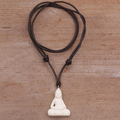 Bone pendant necklace, 'Peaceful as Buddha' - Handcrafted Bone Buddha Pendant Necklace from Bali