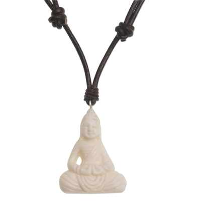 Bone pendant necklace, 'Peaceful as Buddha' - Handcrafted Bone Buddha Pendant Necklace from Bali