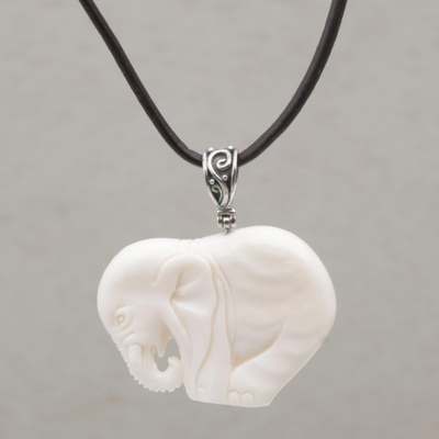 Bone pendant necklace, 'Elephant Bow' - Elephant-Shaped Adjustable Bone Pendant Necklace from Bali