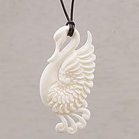 Handcrafted Bone Swan Pendant Necklace from Bali,'Noble Swan'