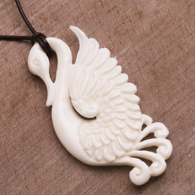 Bone pendant necklace, 'Noble Swan' - Handcrafted Bone Swan Pendant Necklace from Bali