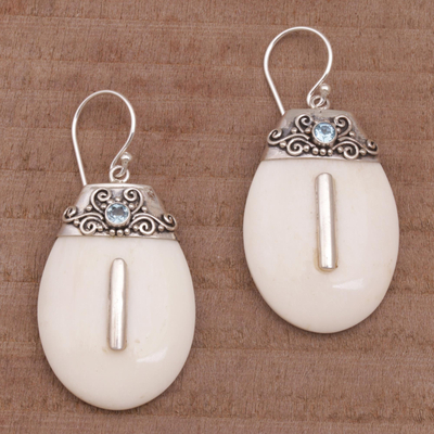 Bone and blue topaz dangle earrings, 'Sacred Pebbles' - Sterling Silver and Blue Topaz Dangle Earrings with Bone