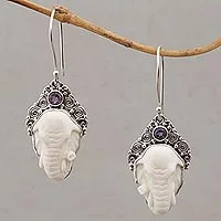 Amethyst and bone dangle earrings, 'Elephant Grandeur' - Amethyst Elephant Dangle Earrings with Carved Bone