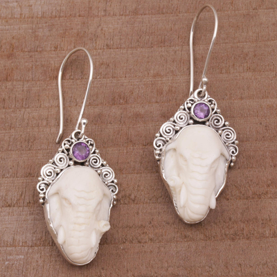 Amethyst and bone dangle earrings, 'Elephant Grandeur' - Amethyst Elephant Dangle Earrings with Carved Bone