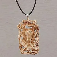 Bone pendant necklace, 'Octopus Refuge' - Handcrafted Bone Octopus Pendant Necklace from Bali