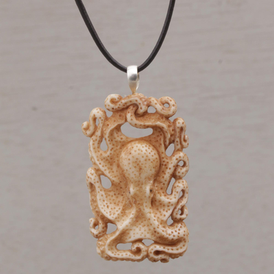 Bone pendant necklace, 'Octopus Refuge' - Handcrafted Bone Octopus Pendant Necklace from Bali
