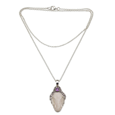 Amethyst pendant necklace, 'Elephant Emergence' - Amethyst Elephant Pendant Necklace from Bali
