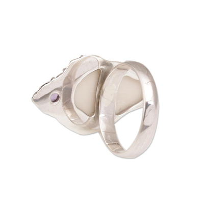 Amethyst and bone cocktail ring, 'Elephant Grandeur' - Polished Sterling Silver Ring with Elephant and Amethyst