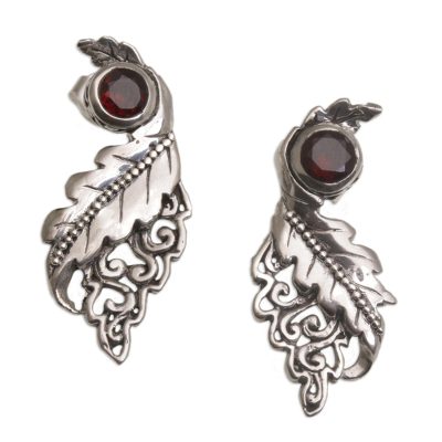 Garnet drop earrings, 'Leaf Majesty' - Leafy Garnet and Sterling Silver Drop Earrings from Bali