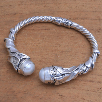 Cultured pearl cuff bracelet, 'Songket Glow' - Cultured Pearl and Sterling Silver Cuff Bracelet from Bali