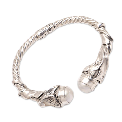 Cultured pearl cuff bracelet, 'Songket Glow' - Cultured Pearl and Sterling Silver Cuff Bracelet from Bali