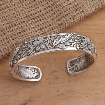 Sterling silver cuff bracelet, 'Majestic Leaves' - Leafy Sterling Silver Cuff Bracelet from Bali