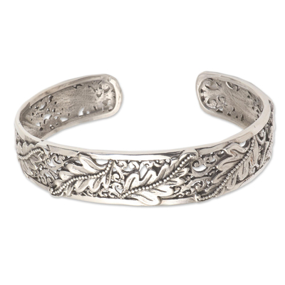 Sterling silver cuff bracelet, 'Majestic Leaves' - Leafy Sterling Silver Cuff Bracelet from Bali