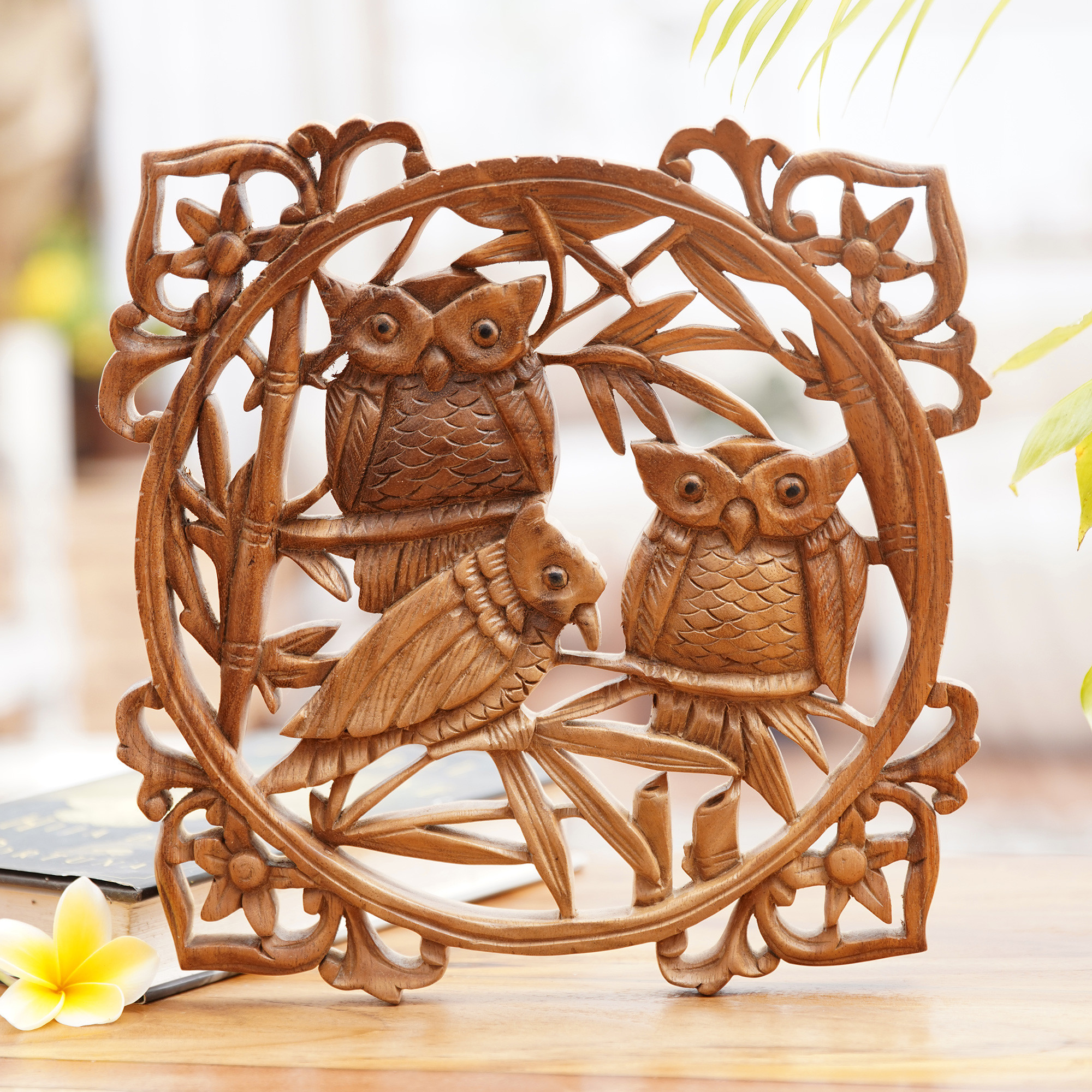 Owl Hand Carved Wood Wall Panel From Indonesia Family Portrait