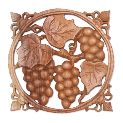 Wood wall relief panel, 'Grape Harvest' - Natural Wood Relief Panel of Bunches of Grapes