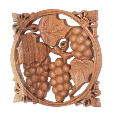 Wood wall relief panel, 'Grape Harvest' - Natural Wood Relief Panel of Bunches of Grapes