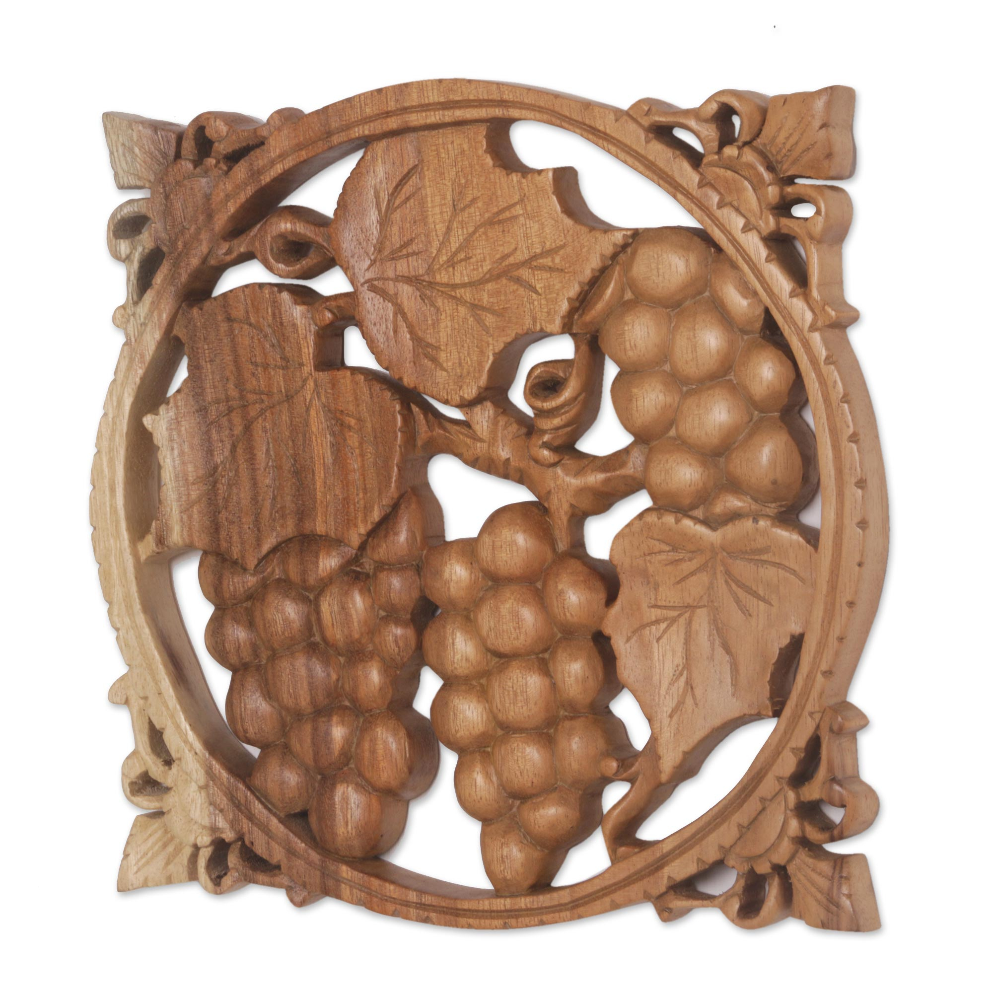 Natural Wood Relief Panel of Bunches of Grapes - Grape Harvest | NOVICA