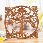 Wood wall relief panel, 'Thorny Thistle' - Floral Wood Wall Relief Panel from Bali Artisan