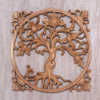 Wood wall relief panel, 'Thorny Thistle' - Floral Wood Wall Relief Panel from Bali Artisan