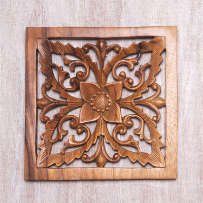 Wood wall relief panel, 'Blooming Temple' - Bali Artisan Crafted Floral Wood Wall Relief Panel