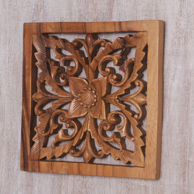 Wood wall relief panel, 'Blooming Temple' - Bali Artisan Crafted Floral Wood Wall Relief Panel