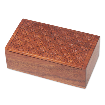 Wood decorative box, 'Blooming Garden' - Balinese Hand Carved Flower Motif Suar Wood Box