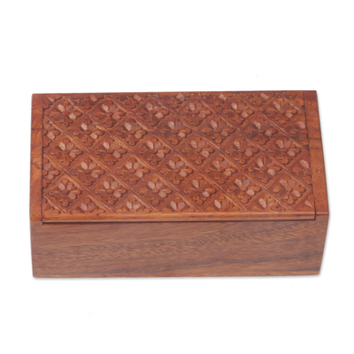 Wood decorative box, 'Blooming Garden' - Balinese Hand Carved Flower Motif Suar Wood Box