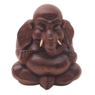 Wood statuette, 'Little Ganesha' - Small Lord Ganesha Carved Wood Statuette