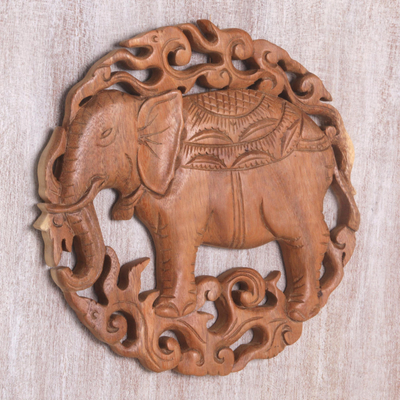 Wood relief panel, 'Palace Elephant' - Elephant Themed Wood Wall Relief Panel