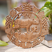 Wood relief panel, 'Rhino Forest' - Rhino and Grape Motif Round Wood Relief Panel