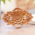 Wood wall relief panel, 'Lotus Crest' - Lotus Flower Wall Relief Panel in Hand Carved Suar Wood