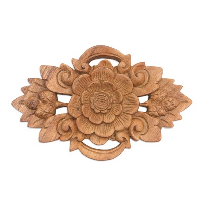 Wood wall relief panel, 'Lotus Crest' - Lotus Flower Wall Relief Panel in Hand Carved Suar Wood